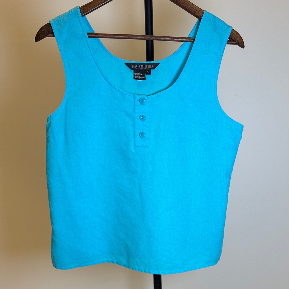 Womens Turquoise Sleeveless Linen Blend Tank Top | Size L